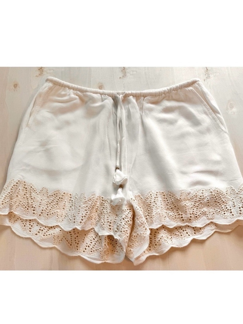 Hale Bob Cream High-Waist Eyelet Lace Trim Shorts